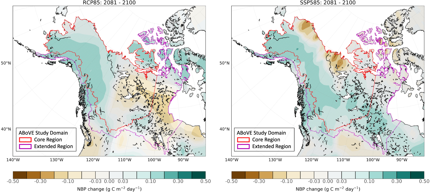 Projected end-of-century change in net biome productivity across the North American Arctic-Boreal region under RCP8.5 and SSP5-8.5.